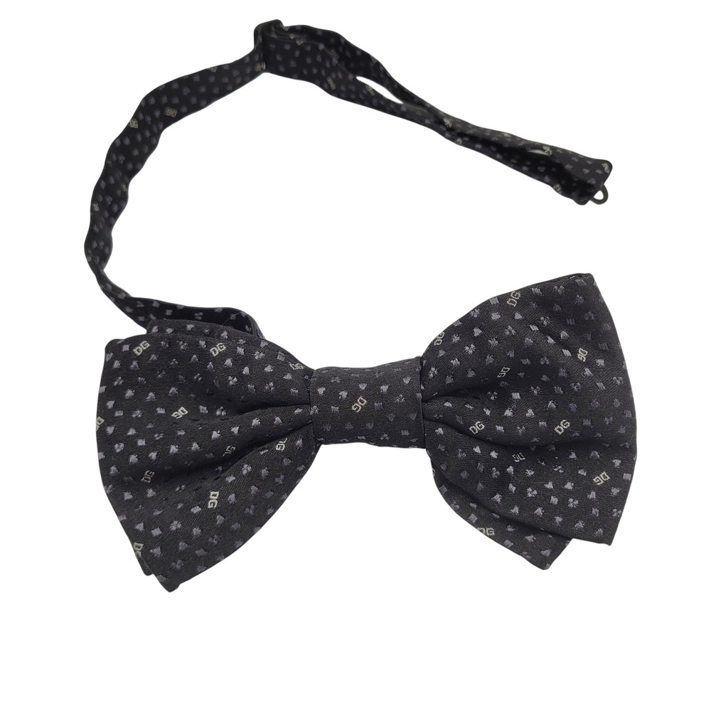Dolce & Gabbana Mens Bow Tie Gray Silk DG Logo Pattern Adjustable Made in Italy